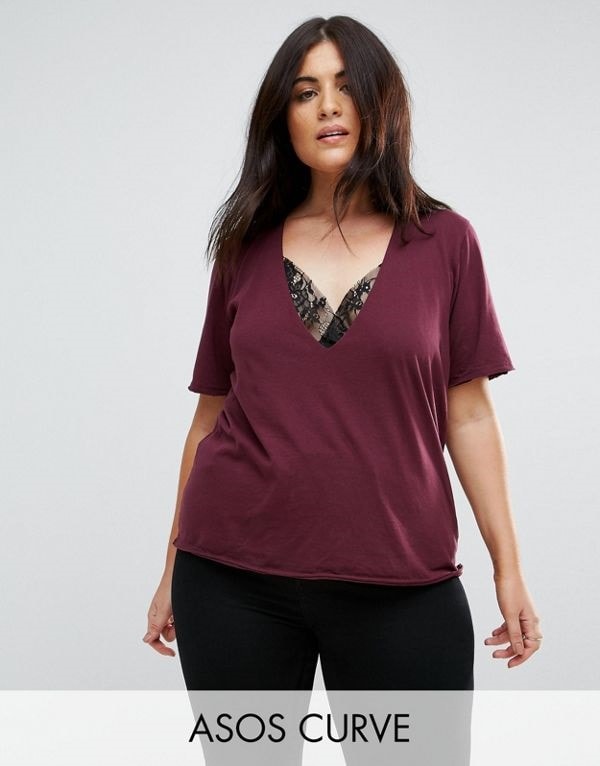 ASOS エイソス レディース 大きめサイズ ゆったりサイズ 送料無料 Berry CURVE T-Shirt with High Neck Ravage Plunge With Lace Inse