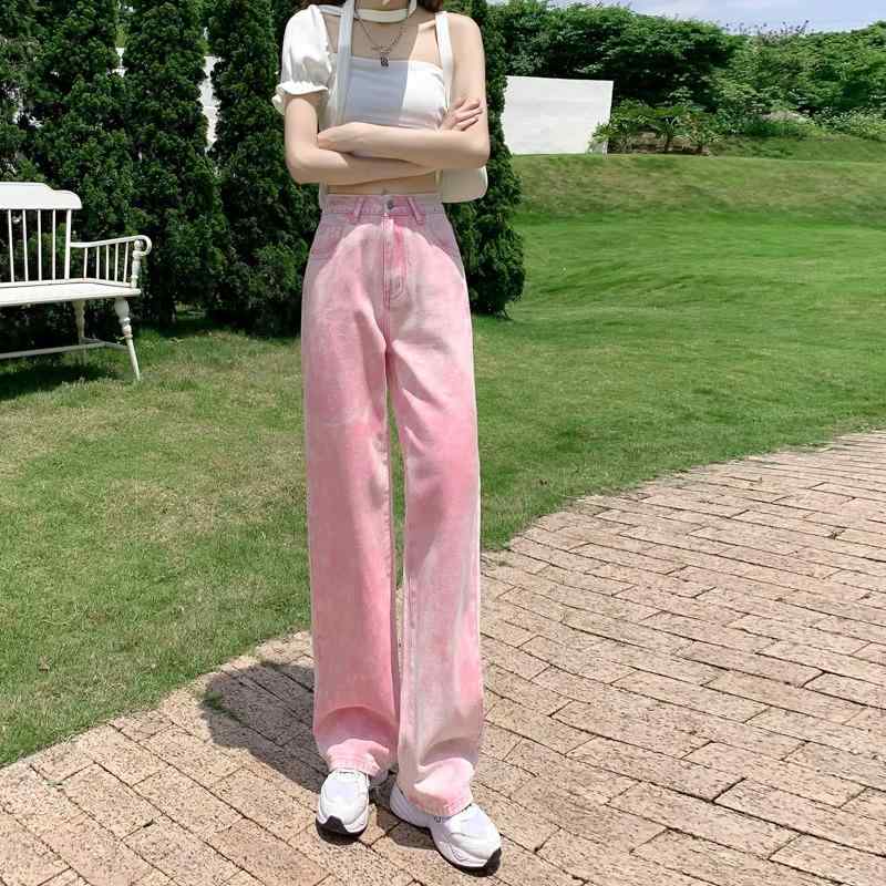 デニムパンツ レディース ボトムス タイダイ ジーンズ グラデーション 薄手 ワイド ストレート 夏 ピンク ブルー ホワイト