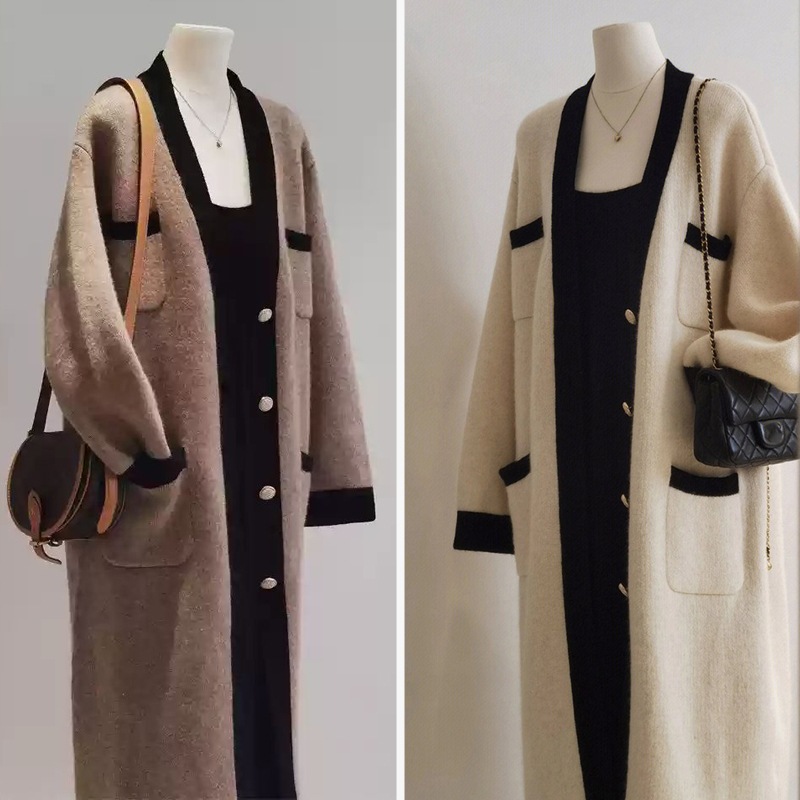 バイカラーニットカーディガン 2色 レディース トップス 長袖 ノーカラー 大人可愛い シンプル カジュアル おしゃれ 秋 冬 通勤 デート お出かけ 休日 ショッピング カフェ 重ね着 暖かい S