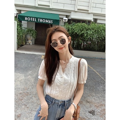 MULVANvネック繊細に刺繍された白いブラウスブラウス夏のフランスの気質レースブラウス