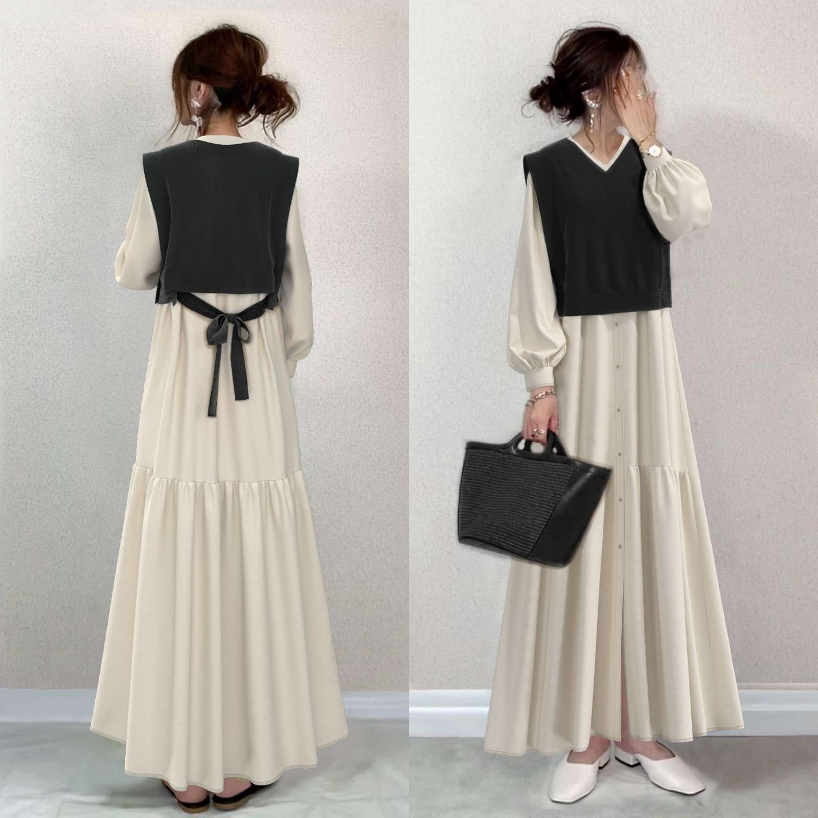 【 今季大注目のアップ】 超人気 シンプル 無地 Vネック タンクトップ カジュアルワンピース パフスリーブ ギャザー 2点セット 4,343円