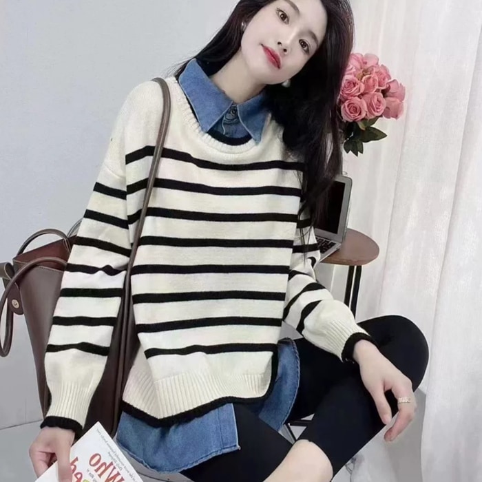 レディース ニット セーター プルオーバー 長袖 クルーネック 襟なし ワイド 大人可愛い きれいめ シンプル カジュアル 上品 おしゃれ こなれ感 ラフ クール エレガント 主役級 存在感 都会的