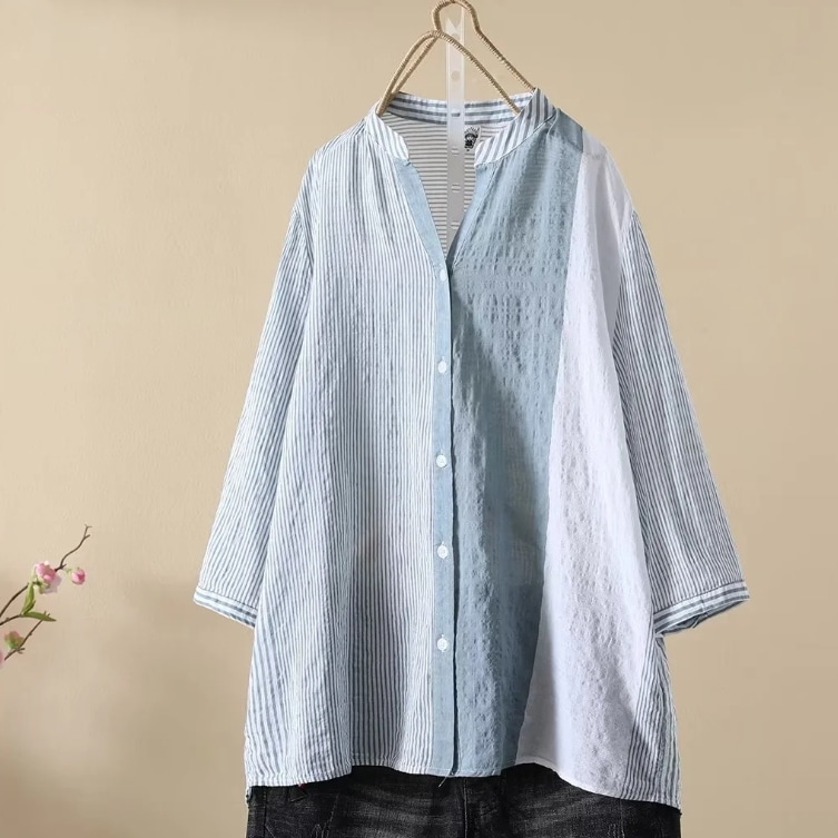 レディース トップス シャツ ブラウス 前開き 7分袖 Vネック ワイド オーバーサイズ ボタン 薄手 かわいい 大人可愛い きれいめ シンプル カジュアル 上品 おしゃれ レトロ こなれ感 ラフ