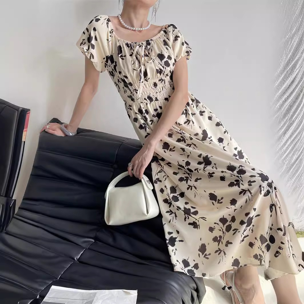 Meng Zixi 2024 春花柄ワンピース 2 着パフスリーブウエスト春夏ロングドレス女性用 X2231