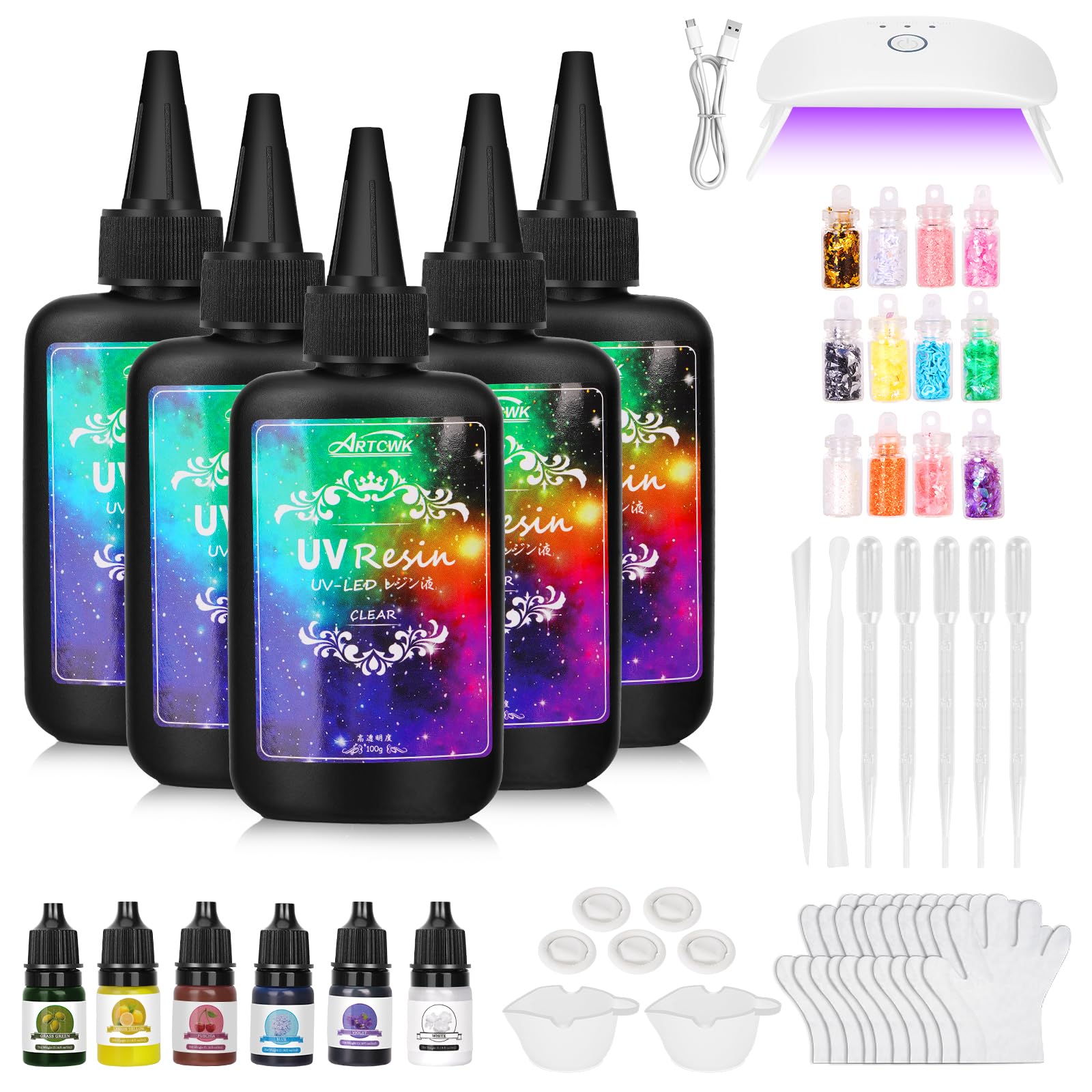 ArtCWK UV レジン セット レジン スターターキット, レジン液 500g 大容量, 12Wのレジン ライト, 6色のレジン 着色剤, 12色のキラキラ, 必要な道具付き 手作りキット 子供 4,752円