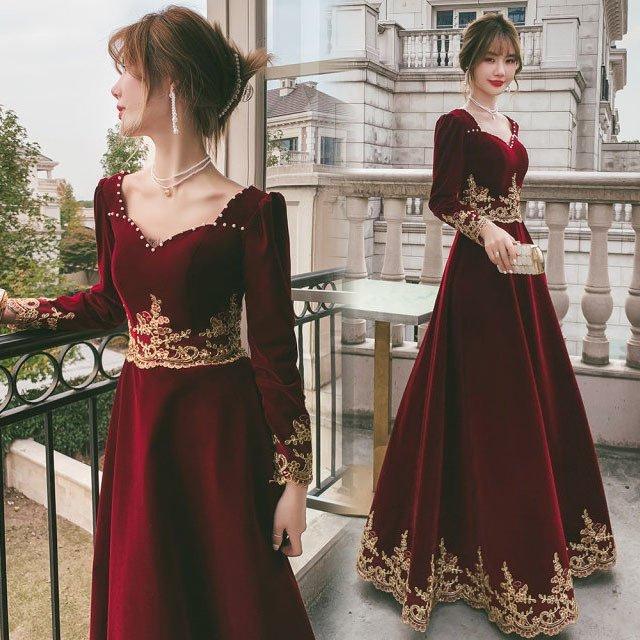 ベロア ベルベット ゲストドレス 結婚式ドレス ワイン赤 冬 長袖 イブニングドレス ロング丈 ロングドレス Aライン 発表会 パーティー