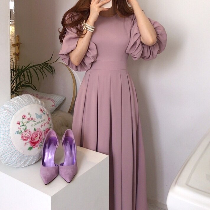 2color ワンピース ワンピース ロング丈 膝下 マキシ マキシ丈 リボン ウエストリボン ラウ