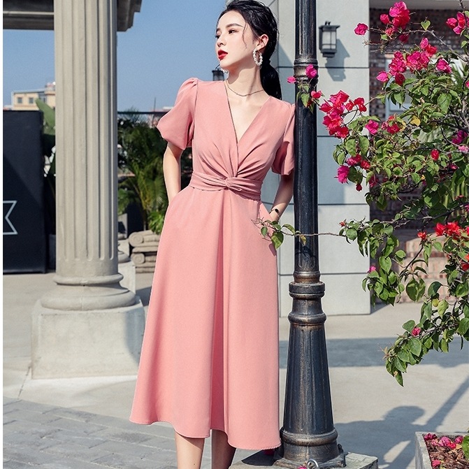 ワンピース レディース 女性用 ミモレ丈 パフスリーブ フレア 無地 ロング Vネック フレンチ