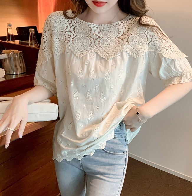 Tシャツ ティーシャツ ブラウス チュニック レディース シャツ トップス 人気 おすすめ おしゃれ お洒落 激安 安い プチプラ 半袖 美シルエット 華奢見え 刺繍 透かし 編み ニット