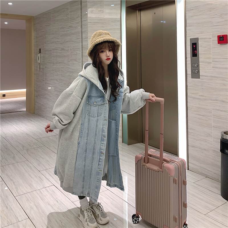 デニム アウター パーカー ロング フーディー 切り替えデザイン 個性的 バイカラー ジャンパー 上着 羽織 オーバーサイズ ゆったり 大きめ カジュアル ワンピース レディース 長袖 大人可愛い お