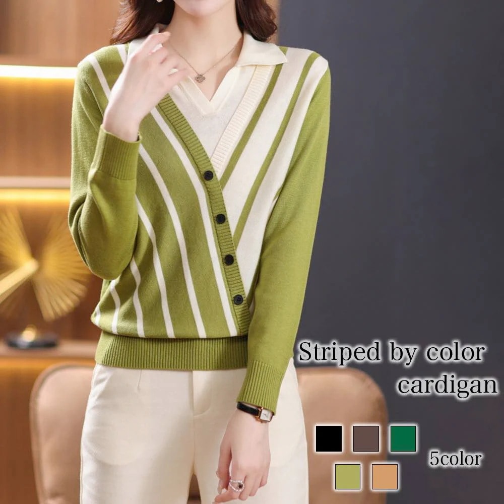 カーディガン レディース ストライプバイカラーカーディガン ゆったり フリース ジャケット オフィス ロング 大きいサイズ あったか ショート丈 黒 きれいめ おしゃれ ウール ケーブル 生地 冬 ブ