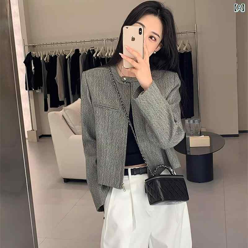 シューズ　スリッパ　カジュアル 高級 グレー ショート ジッパー スーツ ジャケット レディース 春秋 ユニークで シック クールな トップ