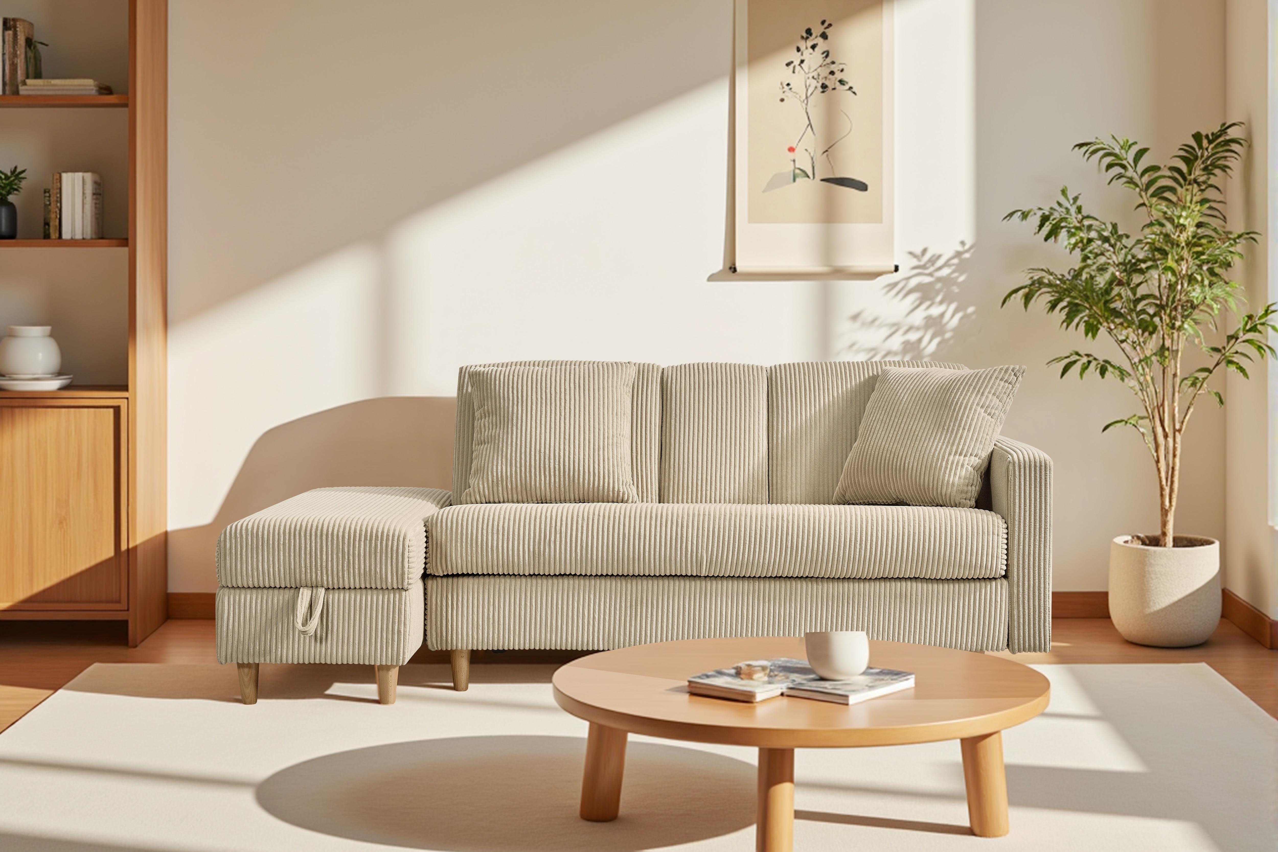 634ソファ　ソファーベッド　カウチソファ　3人掛け　オットマン付き　多機能ソファ　左右側とも取り付けるアームレスト　たくさん収納　レイアウト自由　クッション2個