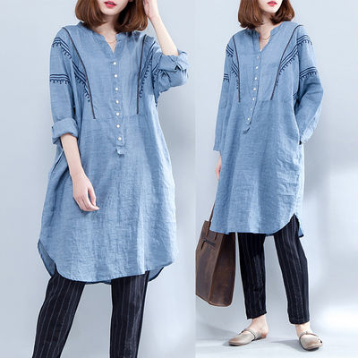 長袖シャツ シャツワンピース レディース 長袖 Vネック 刺繍 リネンシャツ 綿麻 ロング丈 ゆったり 大きいサイズ 体型カバー おしゃれ カジュアル 秋物 新作