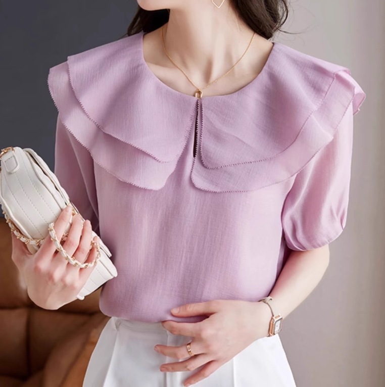 レディース シャツ ブラウス 半袖 5分袖 ラウンドネック フリル襟付き フェミニン 大人可愛い きれいめ 上品 おしゃれ レトロ こなれ感 ラフ ガーリー 個性的 エレガント モダン 主役級 存在感