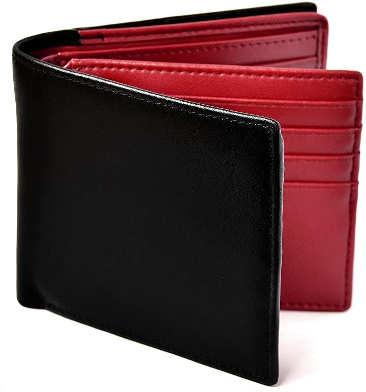 二つ折り 財布 本革 大容量 カード 18枚収納 新設計のボックス型小銭入れ メンズ ブラックxレッ