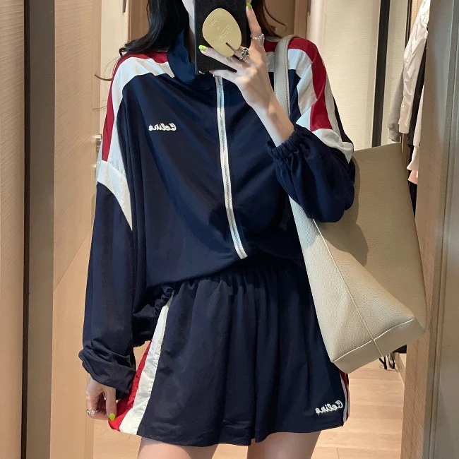 セットアップ レディース 韓国 ナイロン ジャージ ブルゾン ショートパンツ 上下セット サイドライン スポーツウェア