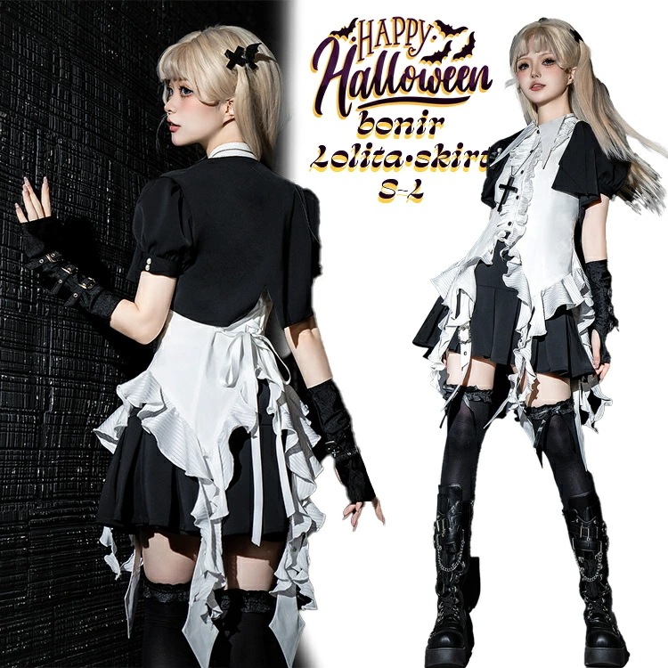 ハロウィン ロリータ服 ゴシックロリータ 聖女コスプレ 豪華レース ブラックアクセント 神秘 人気 ダークコーデ 女性用 クロスモチーフ ベルベットデザイン 安い 宗教イベント S-L