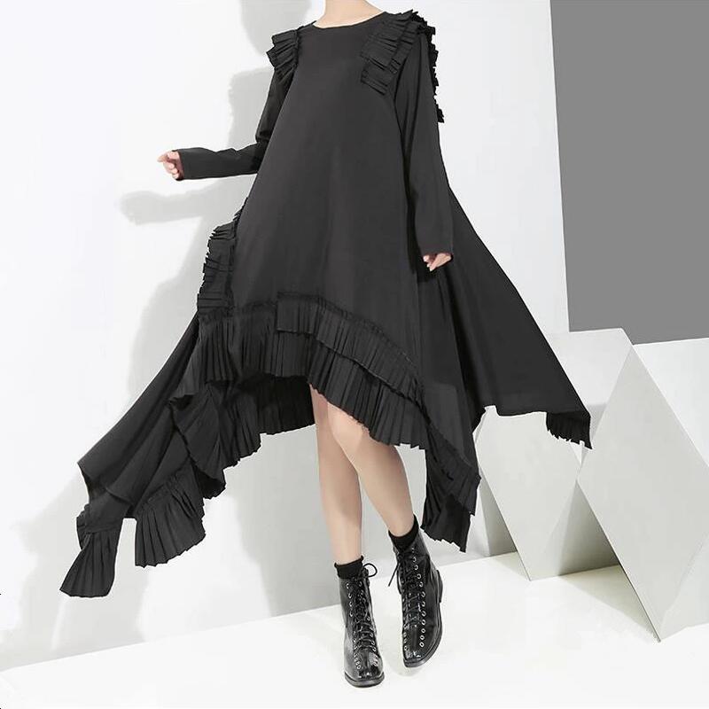 アシメ フリル 黒 ワンピ イレギュラーヘム アシンメトリー ヘムカット ワンピース ブラック フィッシュテール ドレープ ロングワンピース レディース ロングワンピ ダブルフリル モノクロ モード系