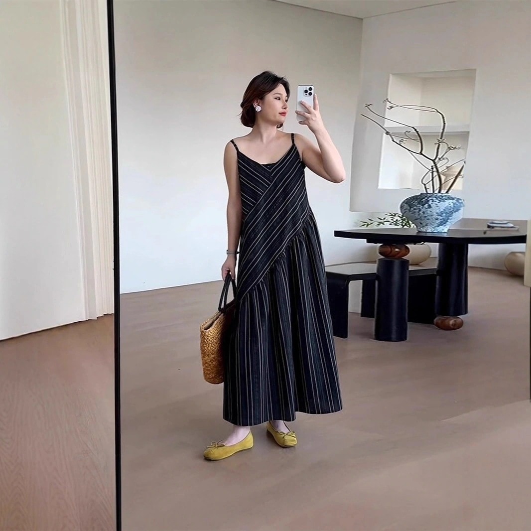 【急速発送】ストライプがゆったりレトロで素敵キャミワンピース秋の万能アイテム