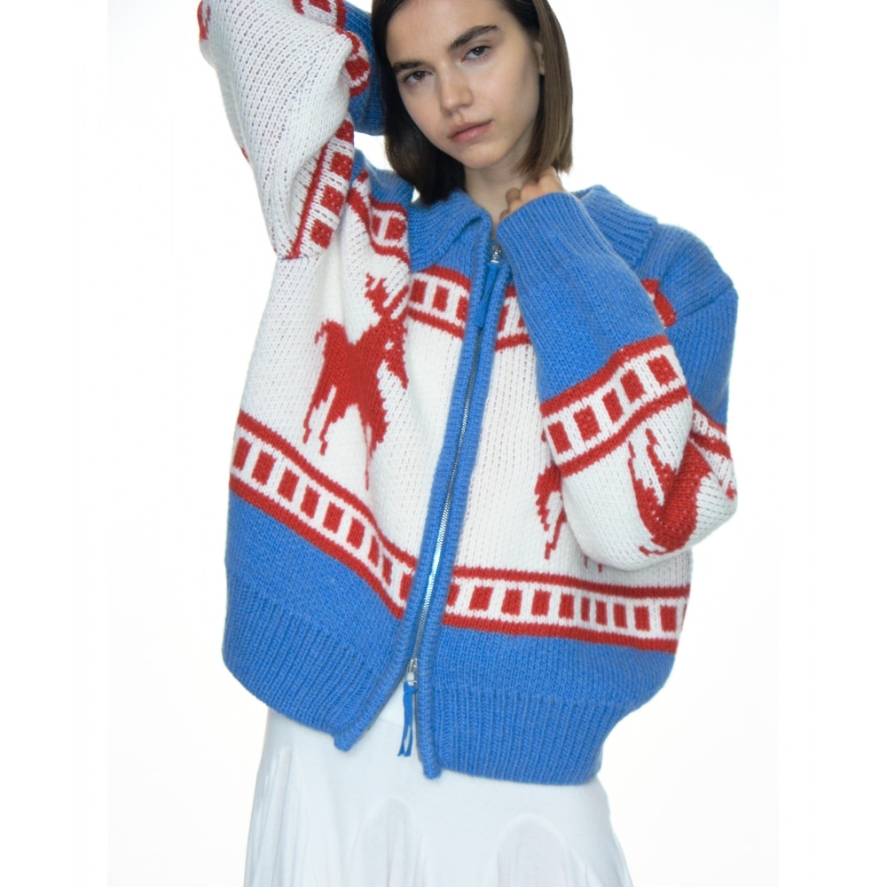 PARTIMENTO 女性用カウチンニットジップアップカーディガン_パステルブルー