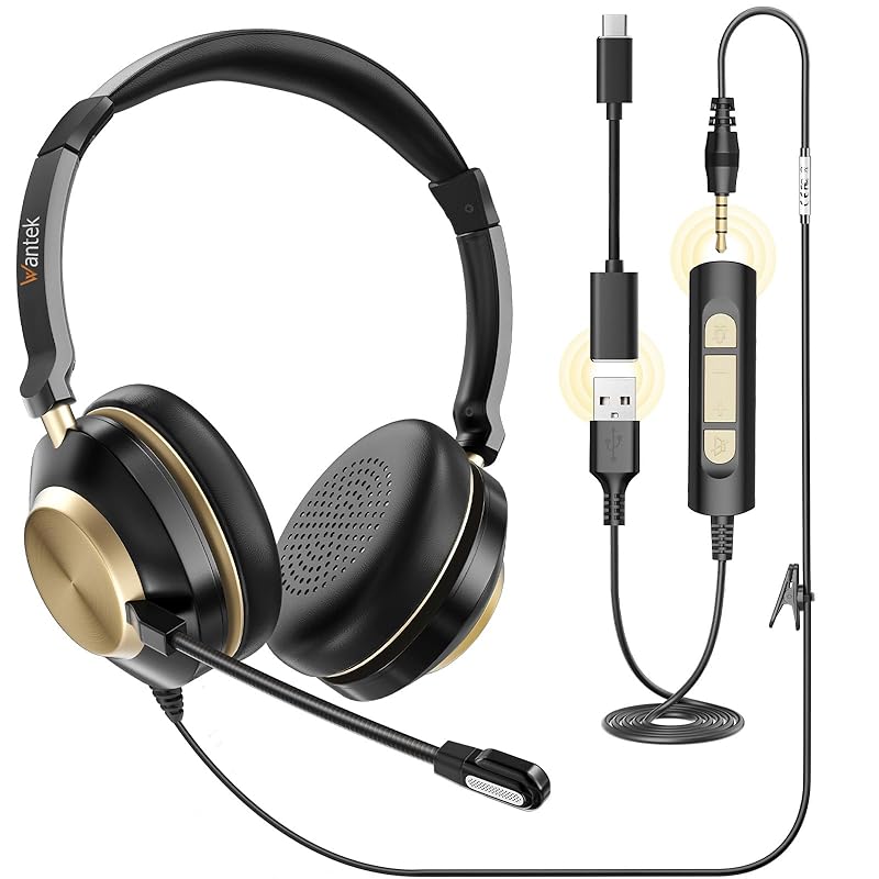即納：Wantek アップグレードヘッドセット USB/Type-C/3.5mm 両耳 新型ノイズキャンセリングマイク付き 有線コントロール PC用ヘッドホン Web会議Zoom/Skypeオフィ