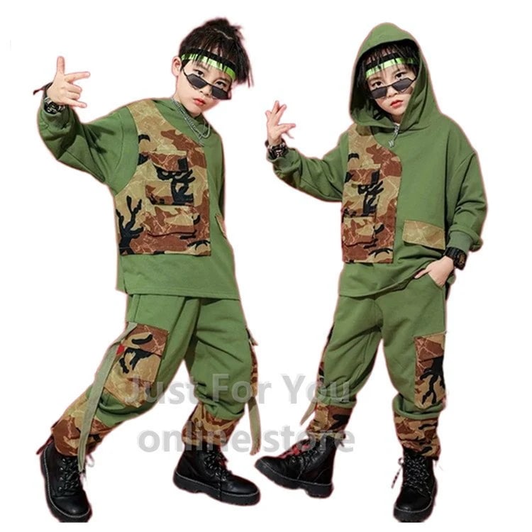 キッズダンス衣装 韓国 セットアップ 女の子 男の子 ヒップホップ 子供服 キッズ ダンス 衣装 迷彩 演出服 体操服 カーキー おしゃれ 競技 激安 sale
