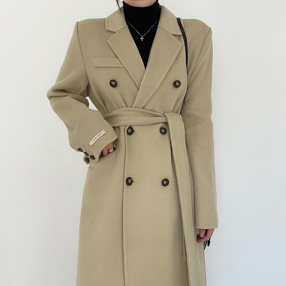(ウール90/フィットおすすめ/高クオリティ) ウール ハンドメイド ダブル ベルト ロングコート(5color)