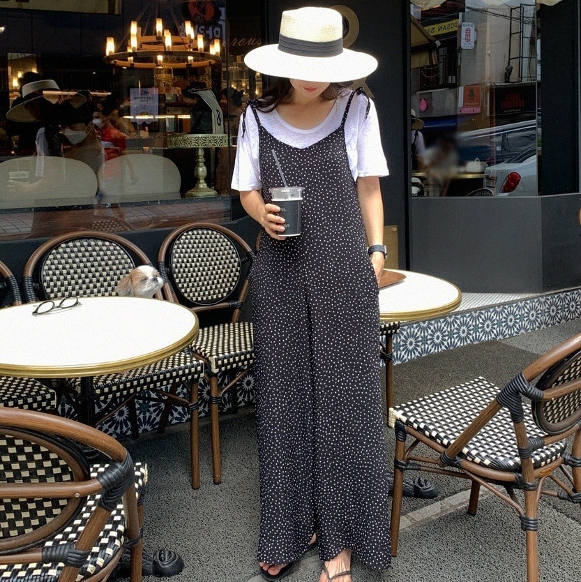 ドット柄サロペット Tシャツ 2点セット セットアップ 水玉柄 肩リボン 黒 ブラック 韓国 レディース オルチャン ロング丈 Vネック ストレート ワイド かわいい 大人可愛い きれいめ