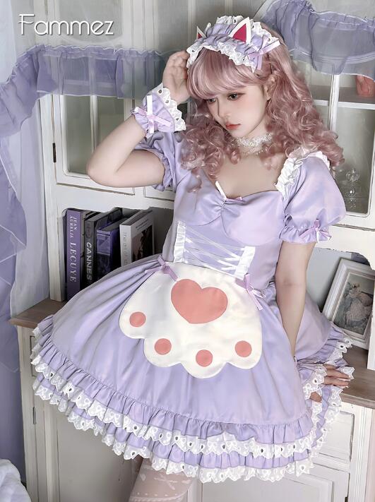 大人 メイド服 可愛いロリータワンピース パープル メイド服 猫爪柄 ハロウィン コスプレ衣装 ショート丈 ロリータ服 メイド服 コスチューム 紫