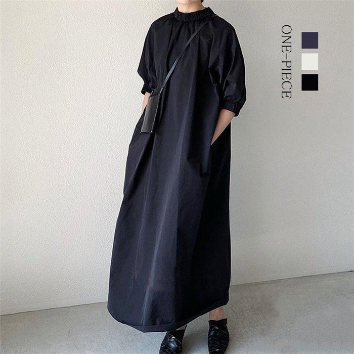 即納 ワンピース ロング ワンピース ロングワンピ レディース 夏 ロング丈 ゆるっとワンピース 無地 五分袖 立ち襟 ゆったり Aライン おしゃれ きれいめ 体型カバー シンプル 着痩せ 大きいサイ