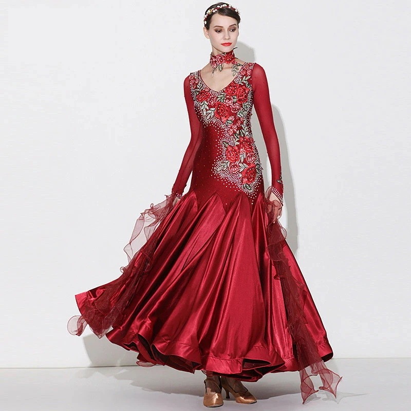 【受注生産S/M/L/XL/2XL】ワインレッド長袖　レース　社交ダンス 衣装 モダンドレス ラテンドレス ラテン衣装 社交ダンスドレス 大きい裾 豪華なドレス　ダンス衣装 ワンピース ダンス衣装 ダ