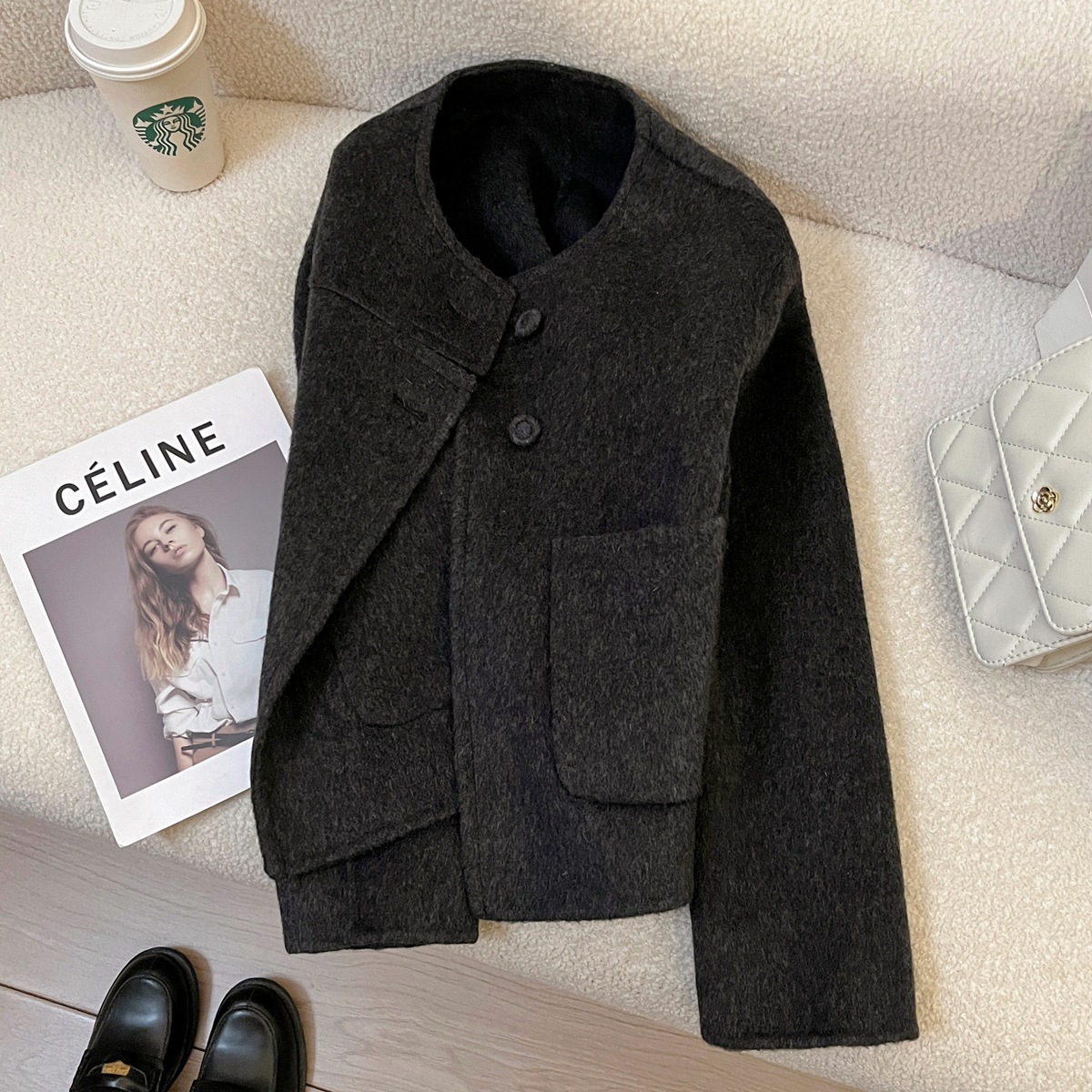 女性用ダークグレーウールコート八次元服デザイン両面ウールコート