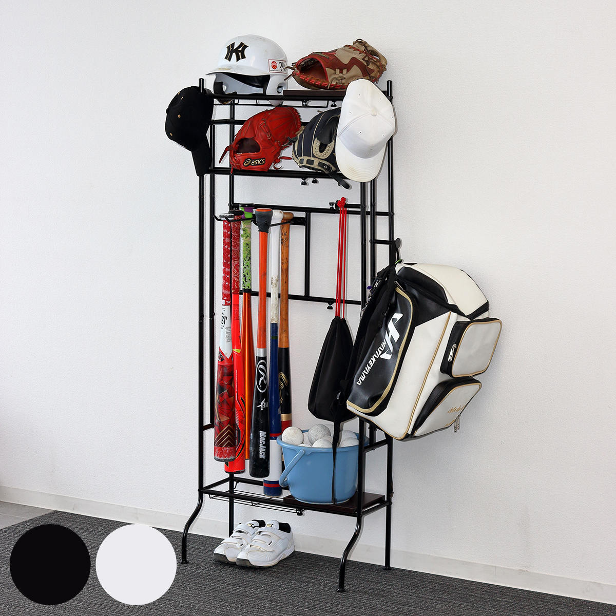 スポーツ用品 収納 伸縮可能 ラック 幅40-60cm 棚 伸縮 玄関収納 ヘルメット収納 部活道具 スポーツ用品ラック 物置 整理 ディスプレイ ホワイト ブラック シンプル