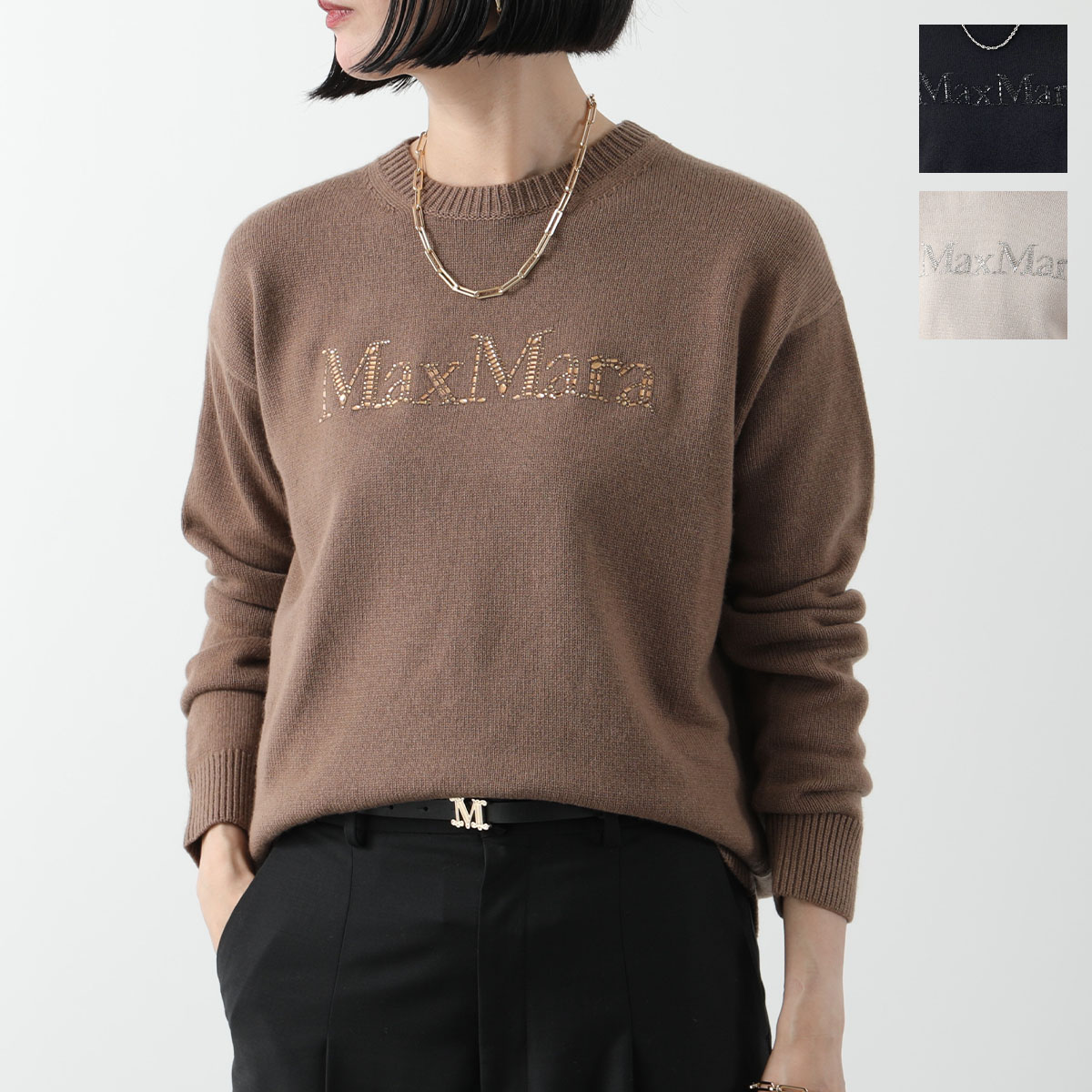 S MAX MARA エス マックスマーラ ニット KASSEL カッセル レディース カシミヤ ウール セーター クルーネック ビジューロゴ カラー3色