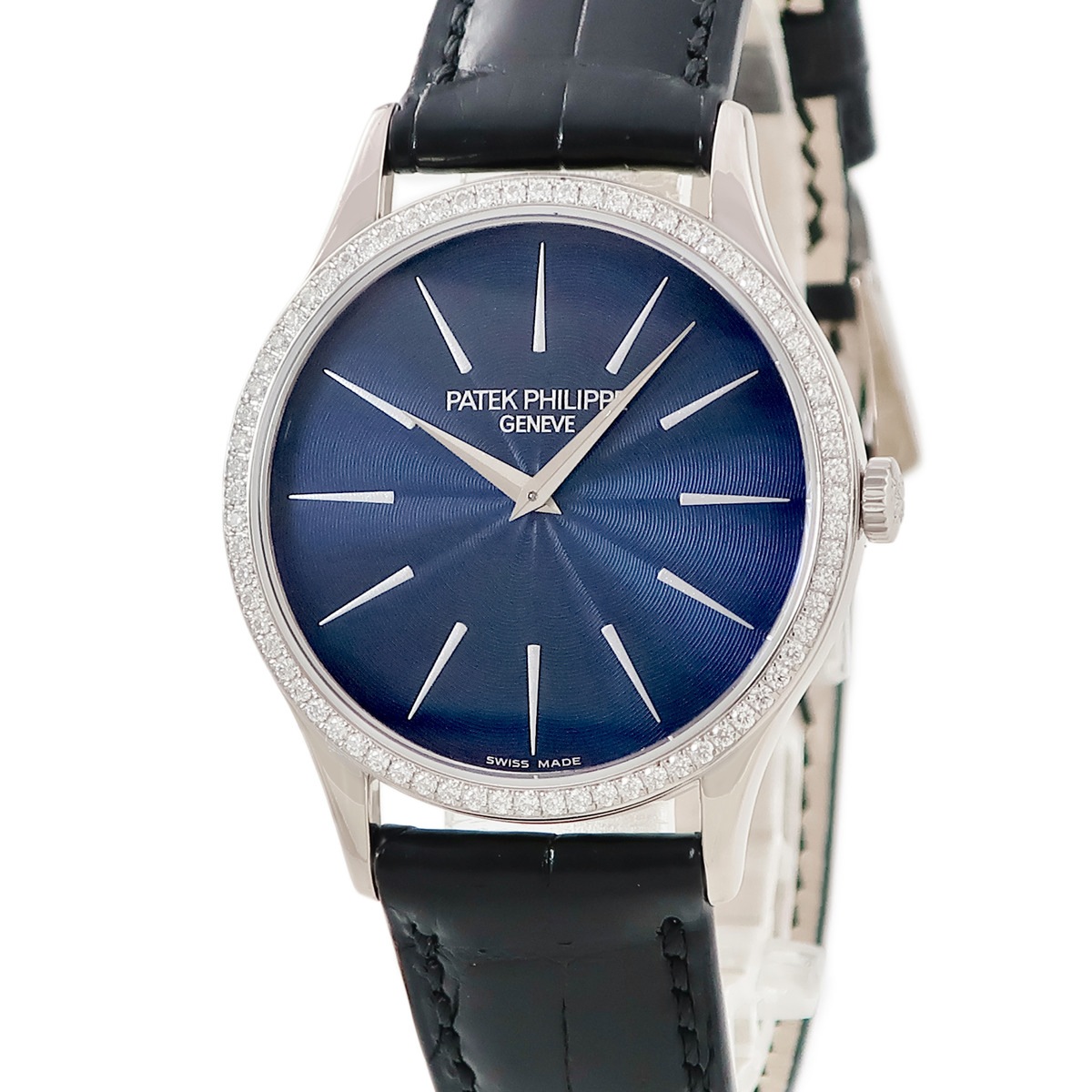 カラトラバ 4896G-001 手巻き レディース K18WG無垢 純正ダイヤ ナイトブルー バー ギヨシェ 3年保証