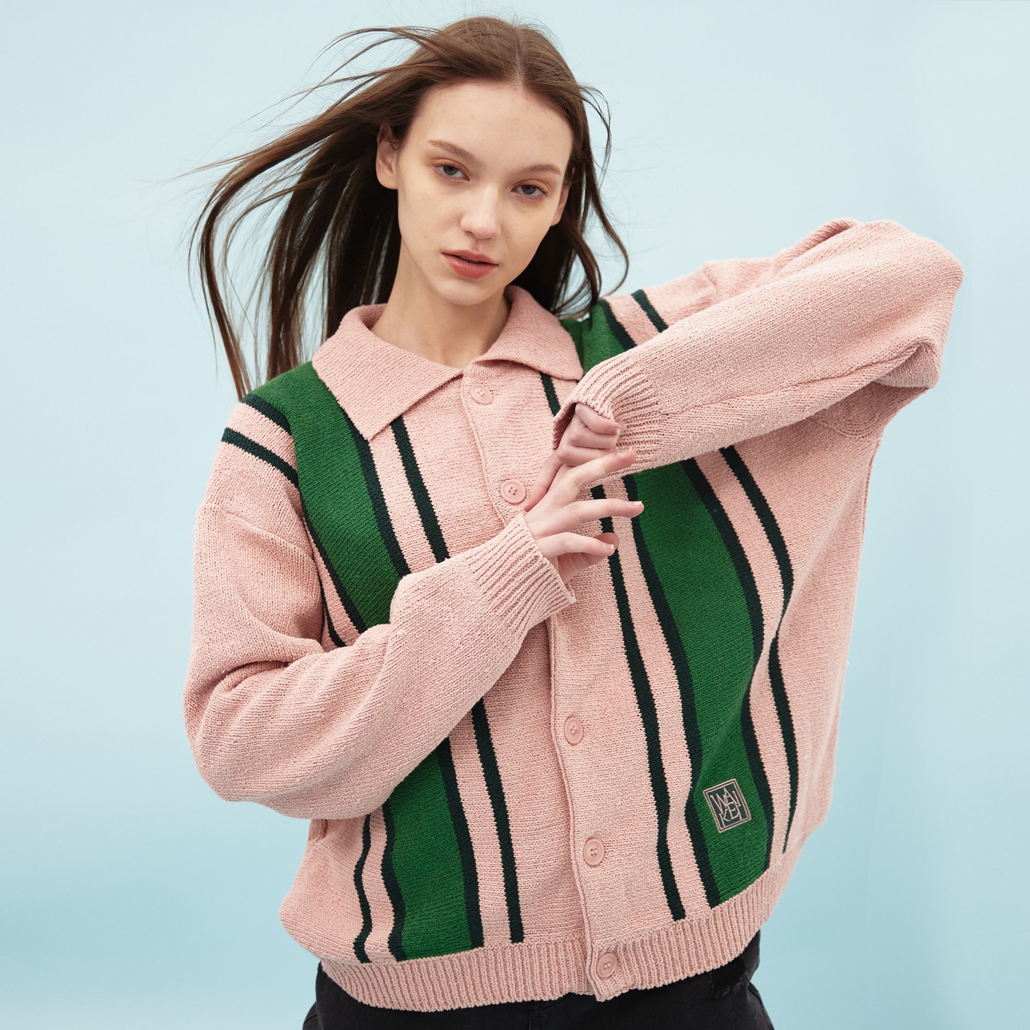 Color block collar cardigan PINK