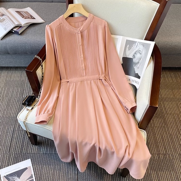 ワンピース ワンピドレス ロング ロング丈 袖あり 長袖 襟なし スタンドカラー セミフレア Aライン 切り替えデザイン シフォン リボン ウエストリボン バックリボン ドッキング ハイウエスト リブ