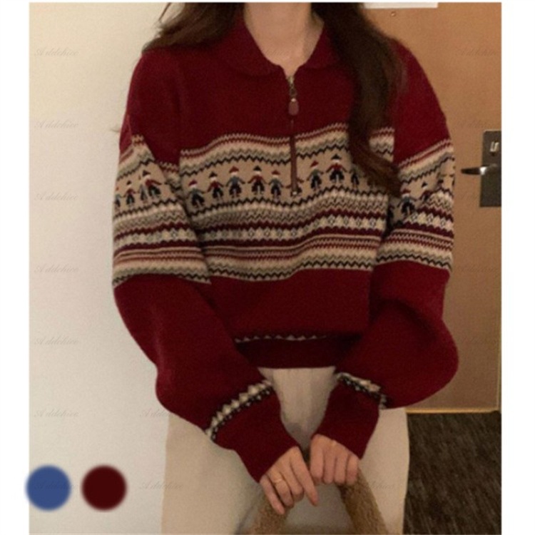 クリスマス セーター ポロネック ハーフボタン ニットセーター ニットトップス レディース セーター プルオーバー クルーネック 厚手 暖かい カジュアル クリスマス トップス ファッション 可愛い