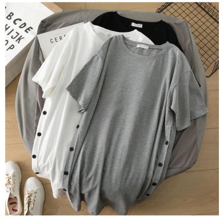 サイドスプリットボタンショート - スリーブシャツ女性ファットサマールーズニッチデザインセンストップ