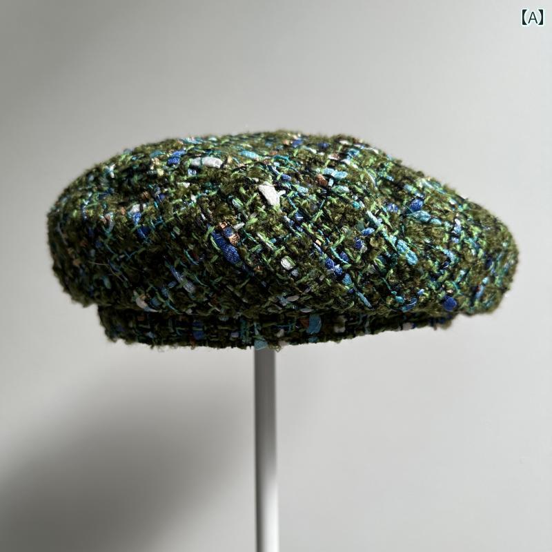 ベレー帽 レディース 秋冬 画家 かぼちゃ グリーン チェック ウールブレンド おしゃれ ナチュラル 調節可能 ハンチング フラットトップ