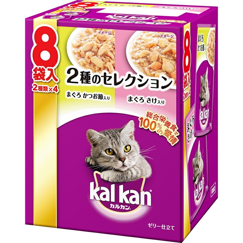 （まとめ買い）マース カルカン パウチ 1歳から ゼリー仕立て 2種のセレクション まぐろかつお節入り まぐろさけ入り 70gx8袋 [x5]