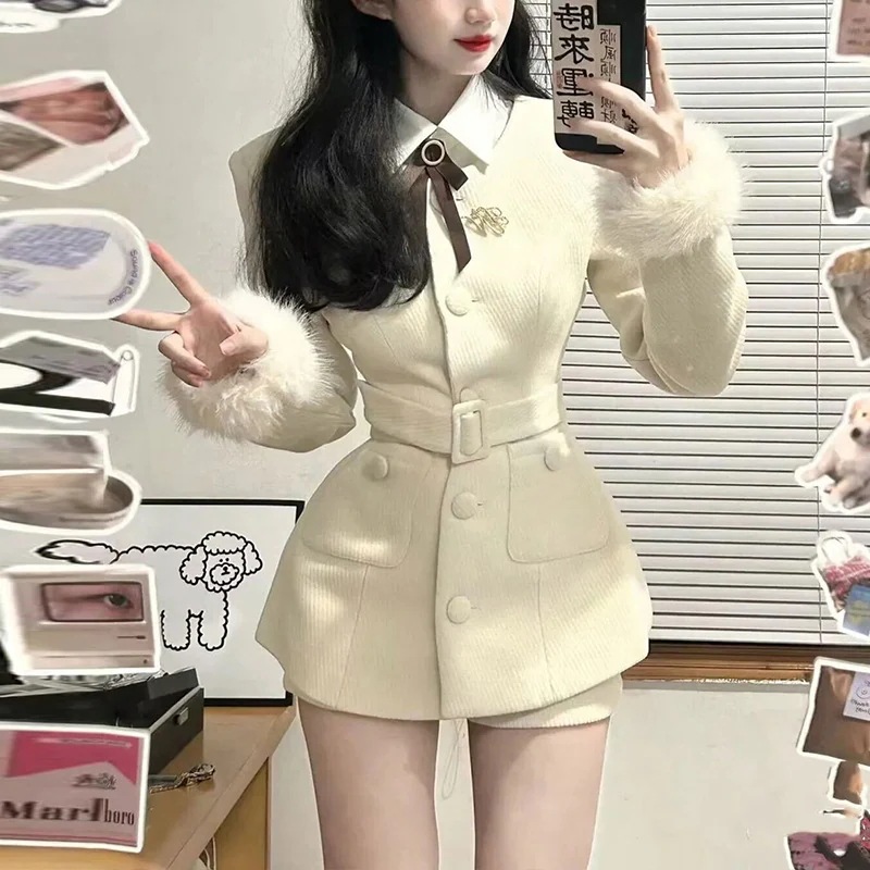 エレガントで洗練されたプレッピースタイルのレディース秋冬ウールコートとショーツのツーピースセット