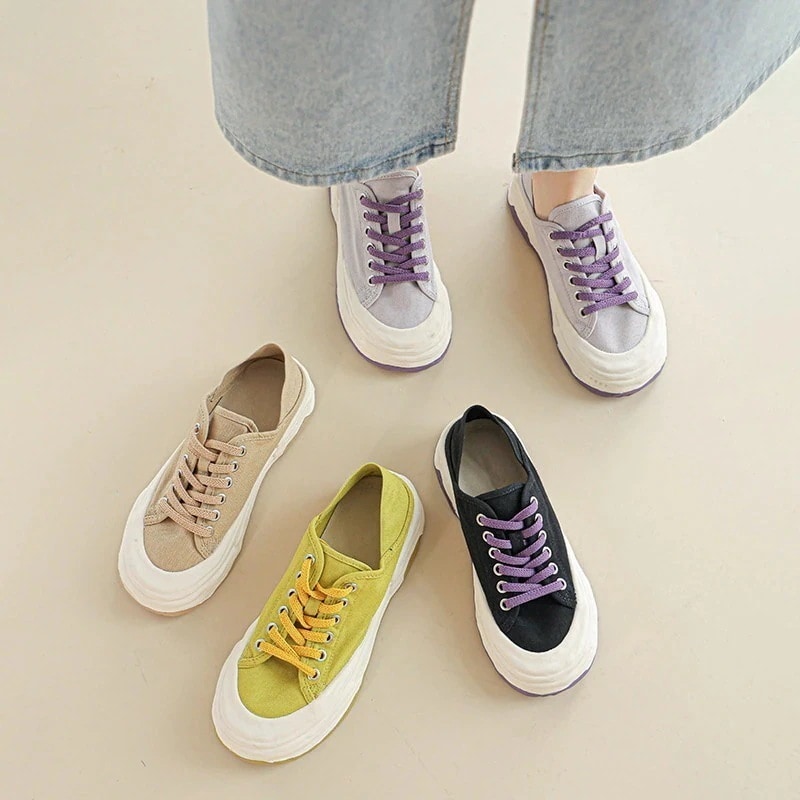 パープル 厚底 白靴 レディース 23 　新作 スーパーホット キャンバスシューズ 日系 レトロ ニッチ ボードシューズ