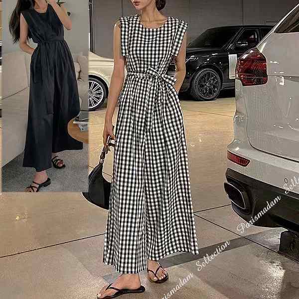 「期間限定セール」ギンガムチェック サロペット つなぎ オールインワン コットン フレンチスリーブウエストリボンほっそり効果お出かけ