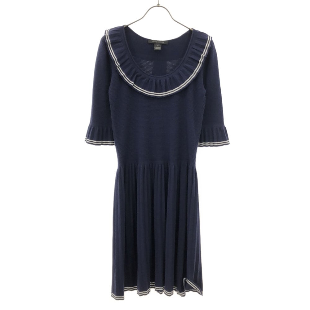 未使用 5分袖 プリ－ツ切替ニット 膝丈ワンピース S ネイビー タグ付き レディース