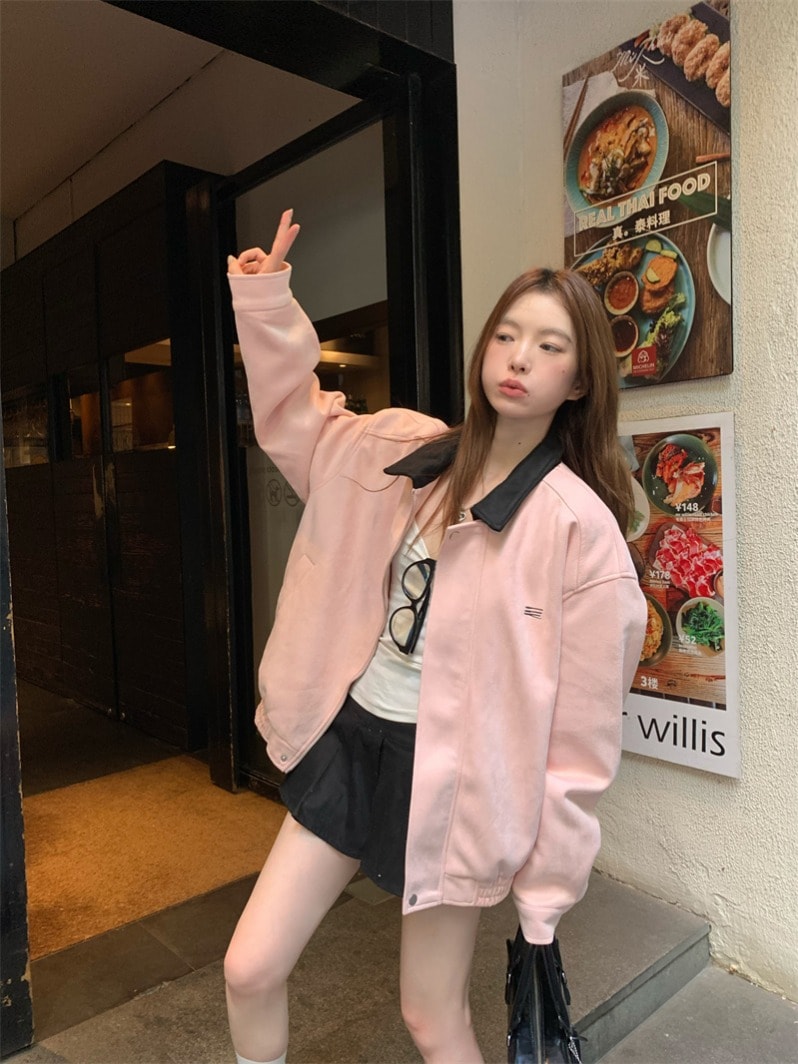 アウタージャンパーブルゾンファッション系 シルエット学生通学丈 大人ゆったりカジュアルストリートサイズレディースムートン襟エコゆるダボ 韓国コートスタイルアップ あったかアウター スウェード風 か