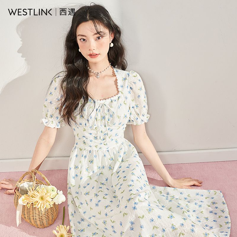 【急速出荷!】花柄ドレス女性ファッションウエストバブルスリーブドレス女性ワンピース パーティードレス パーティドレス ドレス ロングドレ パーティードレス 結婚式 二次会 ワンピース