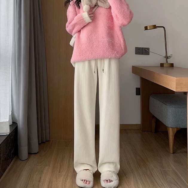 レディース ボトムス パンツ ワイド ポケット ウエストゴム 伸縮性 ニット 厚手 大人可愛い きれいめ カジュアル 上品 お洒落 かっこいい レトロ ロング丈 無地 オルチャン 20代 こなれ感