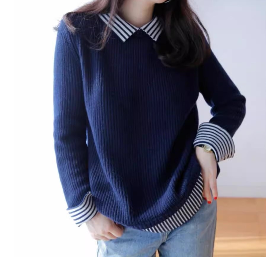 トップス ニット 重ね着風 レイヤード風 セーター プルオーバー 長袖 袖口折り返しOK 襟付き ドッキング 伸縮性 大人可愛い きれいめ シンプル カジュアル 上品 おしゃれ こなれ感 ラフ 抜け感